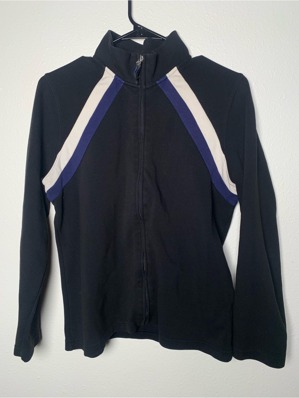 Liz Claiborne Black Zip-Up Jacket with Purple and White Shoulder Stripes